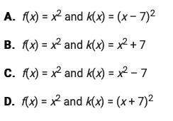 For which pair of functions is the vertex of k(x)7 units below the vertex of f(x)?