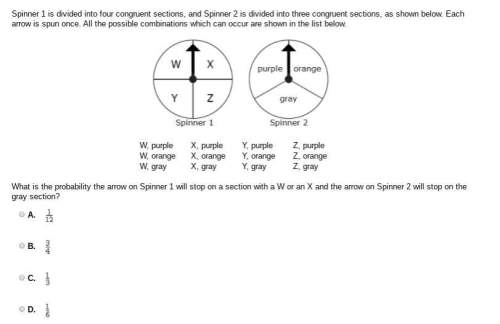 Spinner 1 is divided into four congruent sections, and spinner 2 is divided into three congruent sec