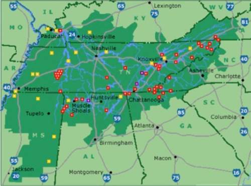 Tennessee valley authority (tva) sites red = water dams purple = nuclear power plants