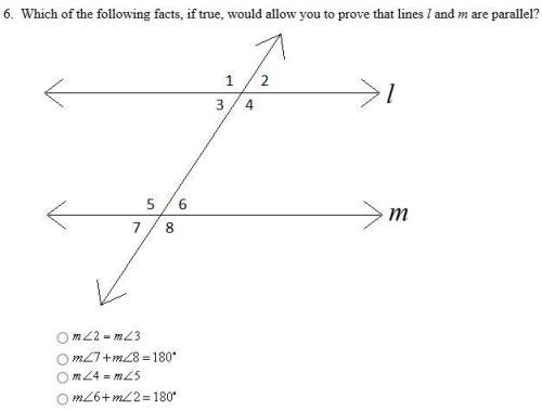 Which of the following facts if true would allow you to prove that lines l and m are parallel&lt;