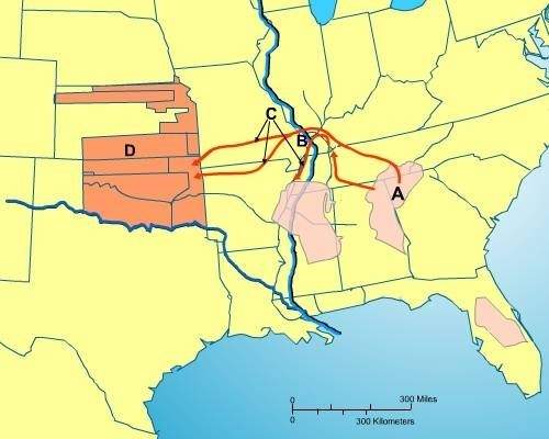 What does point d represent in the map below?  a.seminole landholdings b.cherokee