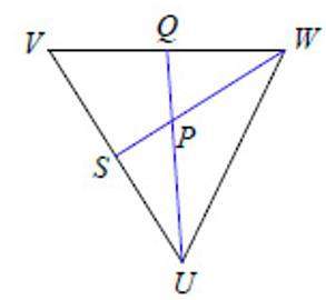 Line segment qu is a median of triangle uvw. find qv, if qv = 7x–1 and qw = 4x+5.