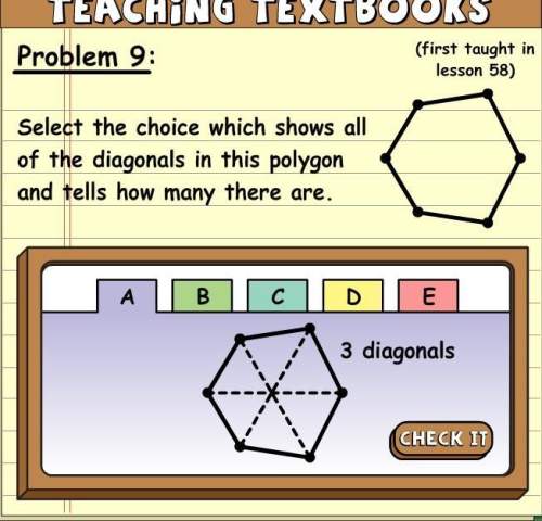 Select the choice which shows all of the diagonals in this polygon and tells how many there are.