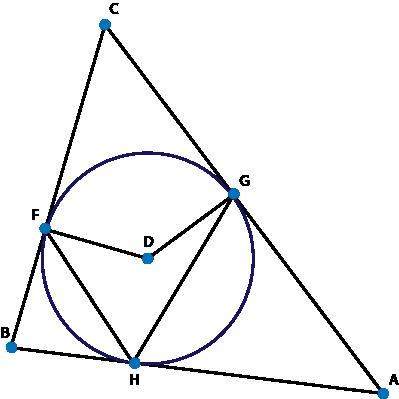Point d is the incenter of triangle bca. if m∠fhg = 61°, what is the measure of ∠fdg? &lt;