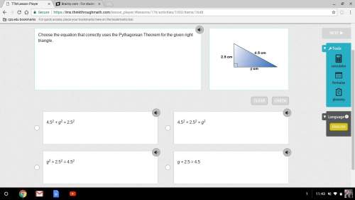 Easy 5 ! choose the equation that correctly uses the pythagorean theorem for the given right triang