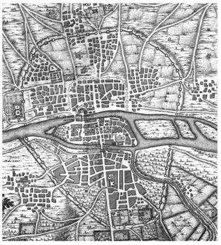 Use this medieval map of paris to answer the following question:  what medieval e