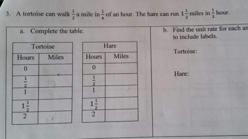 Atortoise can walk 1/2 a mile in 1/4 of an hour. the hare can run 1 1/2 miles in 1/1 hour