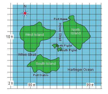 In this fictional map, which elements suggest a relative location?  a- south piglet b- h
