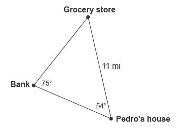 The relative locations of pedro's house, the grocery store, and the bank are shown in the diagram. &lt;