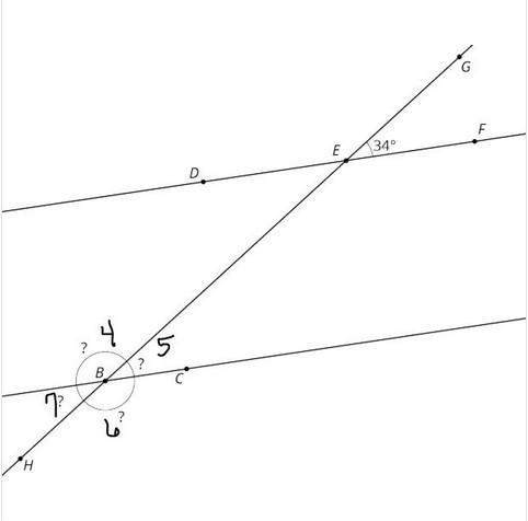 If angle gef is 34 degrees, find the angle measures for 4,5,6, and 7.