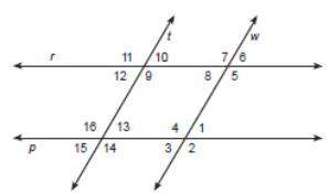 Shown are lines p , r , t , and w. suppose angles 8 and 10 are congruent. given this fact, which two