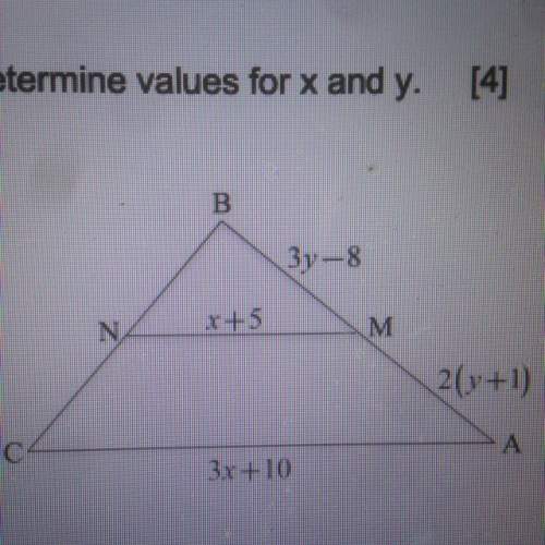 If m and n are midpoints in a diagram below, determine values for x and y