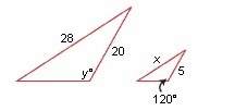 The two triangles illustrated below are similar. what are the values of x and y?