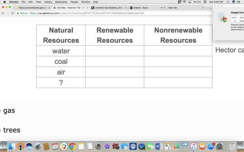 Will mark is investigating natural resources. he has created a chart.hector can add all but one of