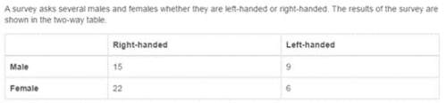 Asurvey asks several males and females whether they are left-handed or right-handed. the results of