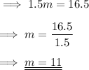 \implies 1.5m = 16.5 \\\\\implies m =\dfrac{16.5}{1.5}\\\\\implies \underline{\underline{m = 11}}