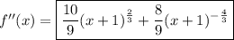 f''(x)=\boxed{\dfrac{10}9(x+1)^{\frac23}+\dfrac89(x+1)^{-\frac43}}