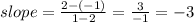 slope =  \frac{2 - ( - 1)}{1 - 2} =  \frac{3}{ - 1}  =  - 3