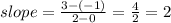 slope =  \frac{3 - ( - 1)}{2 - 0} =  \frac{4}{2} = 2