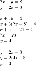 2x - y = 8\\y = 2x - 8\\\\x + 3y = 4\\x + 3(2x - 8) = 4\\x + 6x - 24 = 4\\7x = 28\\x = 4\\\\y = 2x - 8\\y = 2(4) - 8\\y = 0