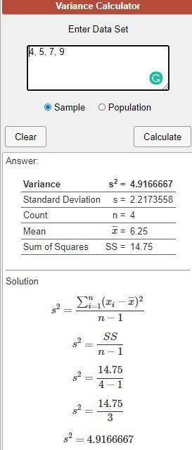 What is the variance of 4,7,5,9?