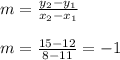 m=\frac{y_2-y_1}{x_2-x_1}\\\\m=\frac{15-12}{8-11}=-1