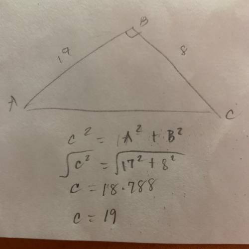 Consider right triangle ABC, right angled at B. If AC = 17 units and BC = 8 units determine all the