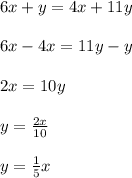6x+y=4x+11y\\\\6x-4x=11y-y\\\\2x=10y\\\\y=\frac{2x}{10}\\\\y=\frac{1}{5}x