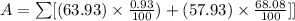 A=\sum[(63.93)\times \frac{0.93}{100})+(57.93)\times \frac{68.08}{100}]]
