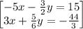 \begin{bmatrix}-5x-\frac{3}{2}y=15\\ 3x+\frac{5}{6}y=-\frac{44}{3}\end{bmatrix}