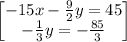 \begin{bmatrix}-15x-\frac{9}{2}y=45\\ -\frac{1}{3}y=-\frac{85}{3}\end{bmatrix}