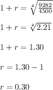 1+r= \sqrt[4]{\frac{9282}{4500} } \\\\1+r=\sqrt[4]{2.21}  \\\\1+r= 1.30\\\\r=1.30-1\\\\r= 0.30\\\\