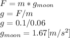 F=m*g_{moon}\\g=F/m\\g = 0.1/0.06\\g_{moon} = 1.67[m/s^{2} ]