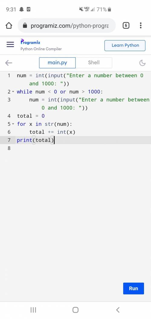Write a Python program that inputs an integer between 0 and 1000 and adds all the digits in the inte