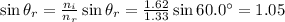 \sin \theta_r =  \frac{n_i}{n_r} \sin \theta_r = \frac{1.62}{1.33} \sin 60.0^{\circ} =1.05  