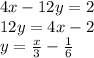 4x - 12y = 2\\12y = 4x-2\\y=\frac{x}{3}-\frac{1}{6}