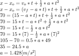 x-x_{o}=v_{o}*t+\frac{1}{2}*a*t^{2} \\x-x_{o}=(v_{f}-a*t)*t+\frac{1}{2} *a*t^{2}\\70=(15-a*t)*t+\frac{1}{2}*a*t^{2}\\70=15*t-a*t^{2} +\frac{1}{2}*a*t^{2} \\70=15*t-\frac{1}{2}*a*t^{2}\\70=15*(7)-\frac{1}{2} *a*(7)^{2}\\105-70=0.5*a*49\\35=24.5*a\\a=1.428[m/s^{2} ]