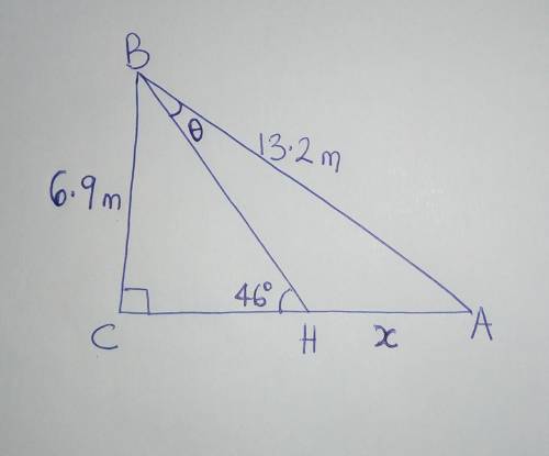 In △ABC, AB = 13.2m, BC = 6.9m and ∠ACB = 90°. H lies on AC such that ∠BHC = 46°. Find (i) ∠ABH (ii)