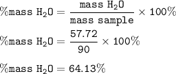 \tt \%mass~H_2O=\dfrac{mass~H_2O}{mass~sample}\times 100\%\\\\\%mass~H_2O=\dfrac{57.72}{90}\times 100\%\\\\\%mass~H_2O=64.13\%