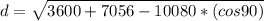 d = \sqrt{3600+7056-10080*(cos90) }