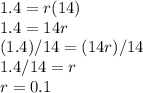 1.4 = r(14)\\1.4 = 14r\\(1.4)/14 = (14r)/14\\1.4/14 = r\\r = 0.1