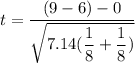 t= \dfrac{(9-6)-0}{\sqrt{7.14 ( \dfrac{1}{8} +\dfrac{1}{8})}}