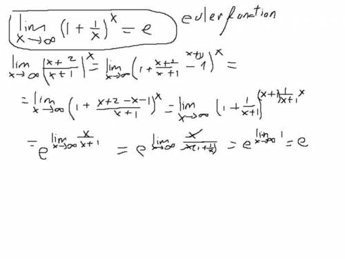 What is the limit of [(x+2) /(x+1)] ^x as x approaches to infinity?