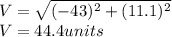 V=\sqrt{(-43)^{2} +(11.1)^{2} }\\V=44.4 units