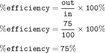 \tt \%efficiency=\dfrac{out}{in}\times 100\%\\\\\%efficiency=\dfrac{75}{100}\times 100\%\\\\\%efficiency=75\%