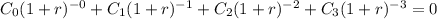 {C_0}(1+r)^{-0}+{C_1}(1+r)^{-1}+{C_2}(1+r)^{-2}+{C_3}(1+r)^{-3}=0