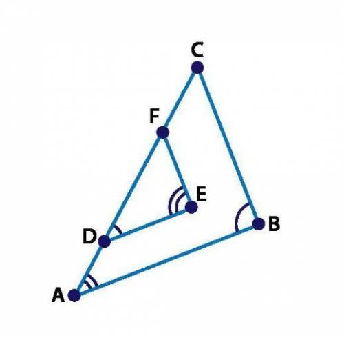 (03.05 LC)

Name the similar triangles
A. ΔABC ~ ΔDEF
B. ΔABC ~ ΔEFD
C. ΔABC ~ ΔDFE
D. ΔABC ~ ΔFED