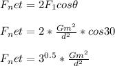 F_net = 2F_1cos\theta\\\\F_net = 2 * \frac{Gm^2}{d^2} * cos30\\\\F_net = 3^{0.5} * \frac{Gm^2}{d^2}