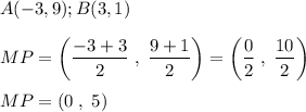A(-3,9); B(3,1) \\ \\&#10;MP=\left(\dfrac{-3+3}{2}\;,\;\dfrac{9+1}{2}\right)=\left(\dfrac{0}{2}\;,\;\dfrac{10}{2}\right) \\  \\ &#10;MP=(0\;,\;5)