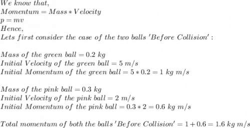 We\ know\ that,\\Momentum=Mass*Velocity\\p=mv\\Hence,\\Lets\ first\ consider\ the\ case\ of\ the\ two\ balls\ 'Before\ Collision':\\\\Mass\ of\ the\ green\ ball=0.2\ kg\\Initial\ Velocity\ of\ the\ green\ ball=5\ m/s\\Initial\ Momentum\ of\ the\ green\ ball=5*0.2=1\ kg\ m/s\\\\Mass\ of\ the\ pink\ ball=0.3\ kg\\Initial\ Velocity\ of\ the\ pink\ ball=2\ m/s\\Initial\ Momentum\ of\ the\ pink\ ball=0.3*2=0.6\ kg\ m/s\\\\Total\ momentum\ of\ both\ the\ balls\ 'Before\ Collision'=1+0.6=1.6\ kg\ m/s